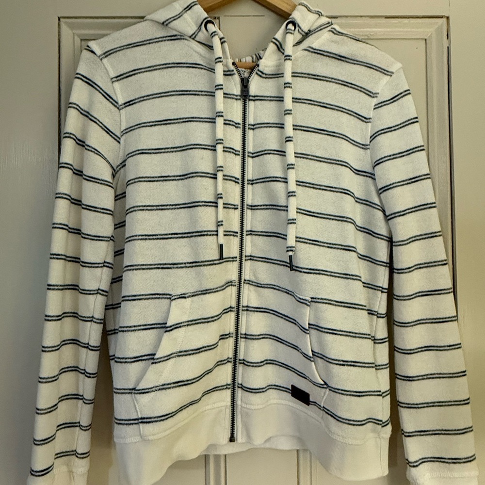 Roxy Terry White and Blue Striped Zip-Up Sweater size S